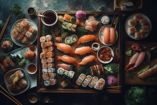 A sushi buffet on a rooftop terrace (generative AI)