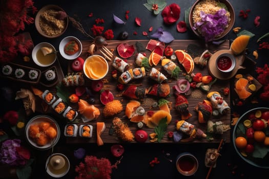 Enjoy fresh-cut sushi with a view at a rooftop buffet (generative AI)
