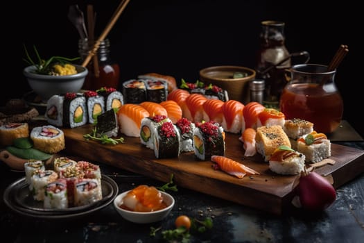 Enjoy fresh-cut sushi with a view at a rooftop buffet (generative AI)