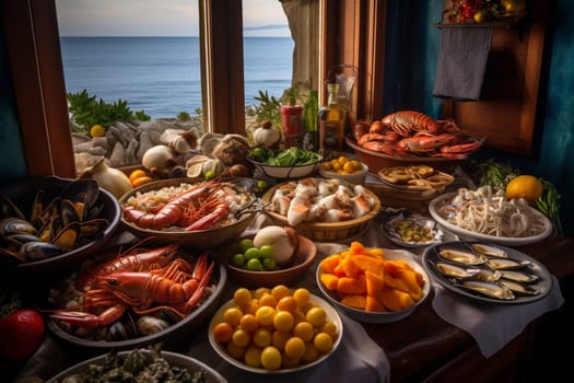 A seafood buffet at a seaside restaurant with ocean views (generative AI)