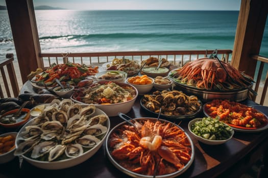 A seafood buffet at a seaside restaurant with ocean views (generative AI)
