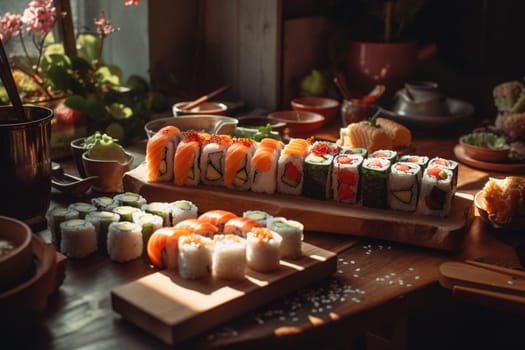 A sushi roll buffet on a rooftop bar (generative AI)