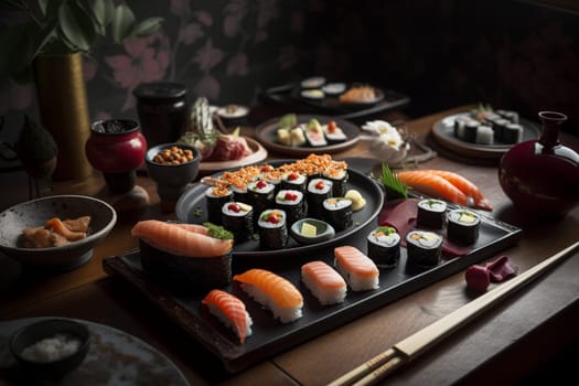 A sushi buffet on a rooftop terrace (generative AI)