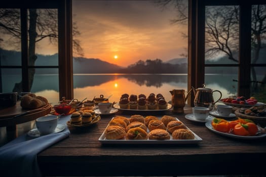 A tea buffet by a serene lake with a view of sunset (generative AI)