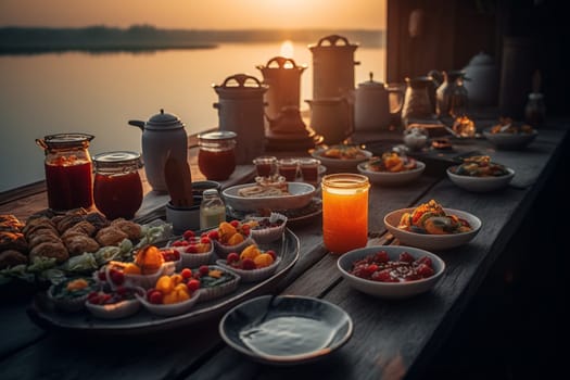 A tea buffet by a serene lake with a view of sunset (generative AI)