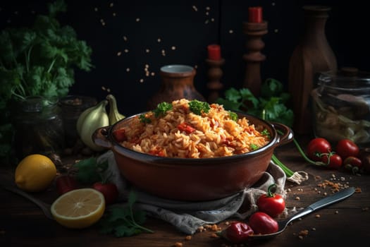 A spicy and flavorful bowl of jambalaya filled with sausage, chicken, and shrimp (generative AI)