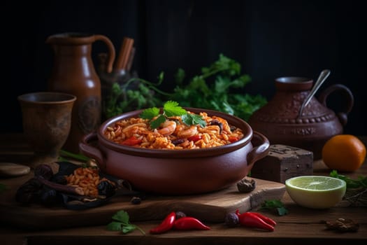 A spicy and flavorful bowl of jambalaya filled with sausage, chicken, and shrimp (generative AI)