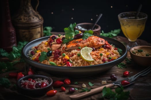 A spicy and flavorful bowl of jambalaya filled with sausage, chicken, and shrimp (generative AI)