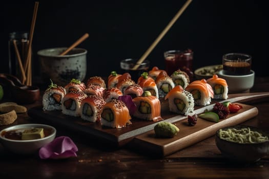 A sushi roll buffet on a rooftop bar (generative AI)