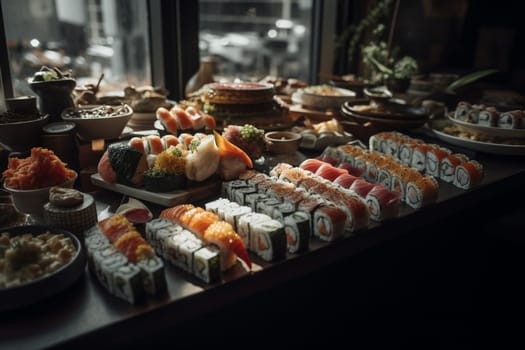 A sushi roll buffet on a rooftop bar (generative AI)