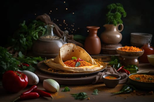 A spicy street food masala dosa in India (generative AI)