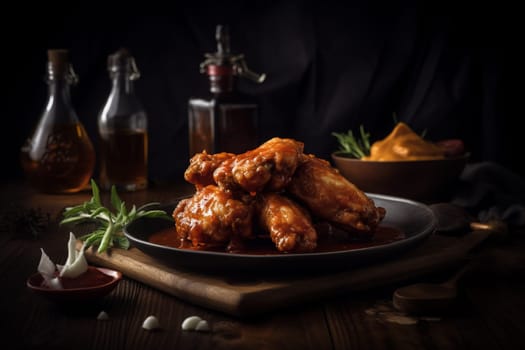Cheer for your favorite team while indulging in a spicy plate of chicken wings served with ranch or blue cheese dressing at a lively sports bar (generative AI)