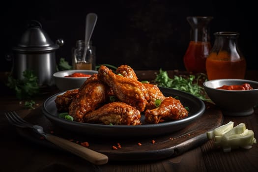 Cheer for your favorite team while indulging in a spicy plate of chicken wings served with ranch or blue cheese dressing at a lively sports bar (generative AI)