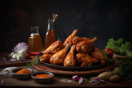Cheer for your favorite team while indulging in a spicy plate of chicken wings served with ranch or blue cheese dressing at a lively sports bar (generative AI)