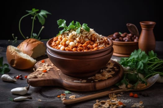 A spicy and flavorful bowl of jambalaya filled with sausage, chicken, and shrimp (generative AI)