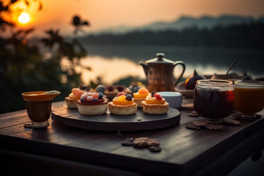 A tea buffet by a serene lake with a view of sunset (generative AI)