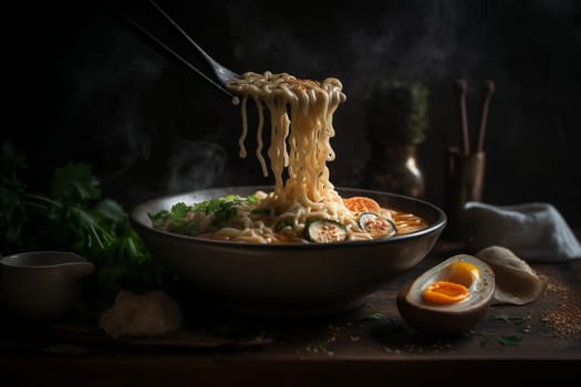 Warm yourself up with a hearty bowl of ramen in the cozy ambiance of a dimly-lit Japanese restaurant (generative AI)