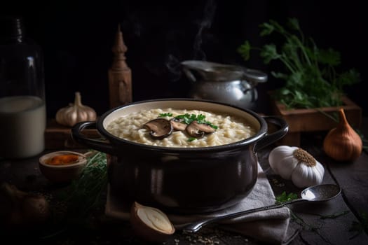 A steaming hot bowl of creamy mushroom risotto (generative AI)