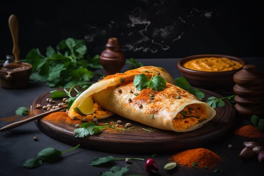 A spicy street food masala dosa in India (generative AI)