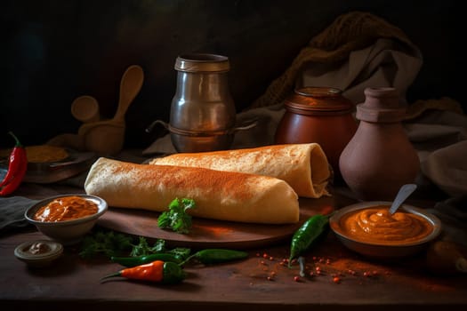 A spicy street food masala dosa in India (generative AI)