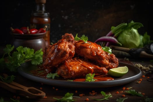 Cheer for your favorite team while indulging in a spicy plate of chicken wings served with ranch or blue cheese dressing at a lively sports bar (generative AI)