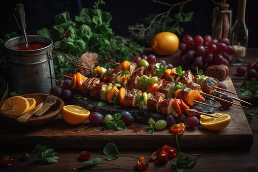 Sink your teeth into a juicy skewer of grilled meat while in the serene garden of a backyard barbecue (generative AI)