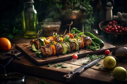 Sink your teeth into a juicy skewer of grilled meat while in the serene garden of a backyard barbecue (generative AI)