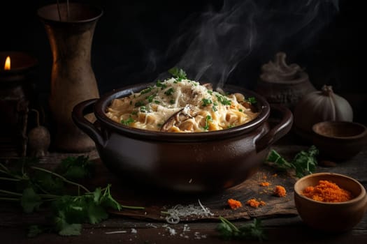A steaming hot bowl of creamy mushroom risotto (generative AI)