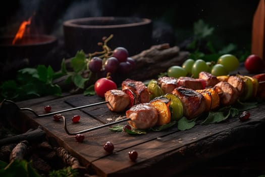 Sink your teeth into a juicy skewer of grilled meat while in the serene garden of a backyard barbecue (generative AI)