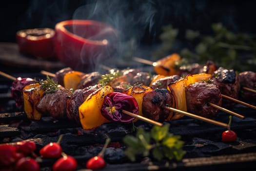 Sink your teeth into a juicy skewer of grilled meat while in the serene garden of a backyard barbecue (generative AI)