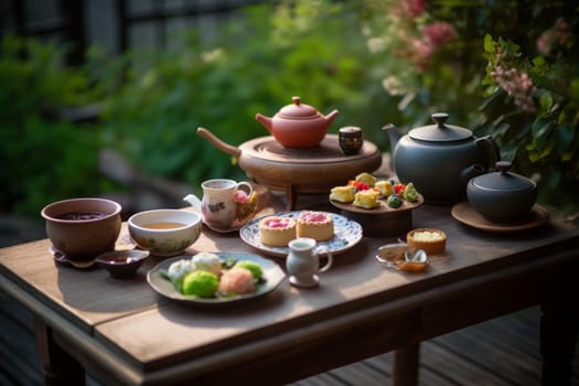 A tea buffet in a serene garden with tranquil sounds and aromas (generative AI)