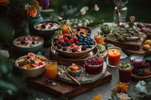 Experience our vegan buffet that’s served within a serene garden setting. It’s a meal that’s both healthy and tranquil! (generative AI)