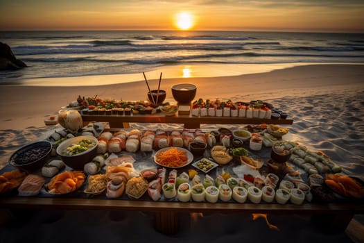 A sushi buffet on a beach (generative AI)