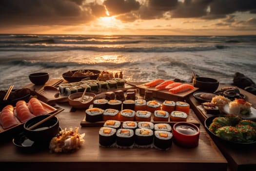 A sushi buffet on a beach (generative AI)