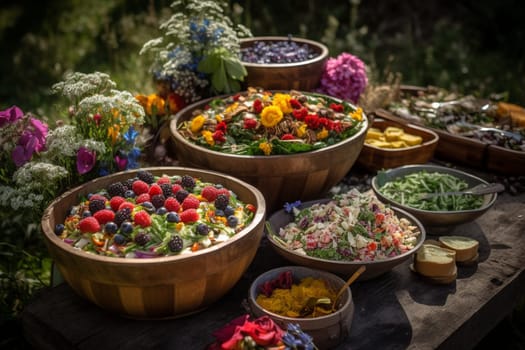 A vegetarian buffet surrounded by wildflowers in a meadow (generative AI)