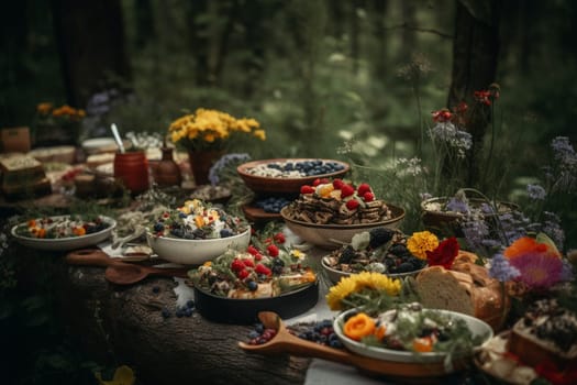 A vegetarian buffet surrounded by wildflowers in a meadow (generative AI)