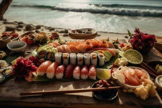A sushi buffet on a beach (generative AI)
