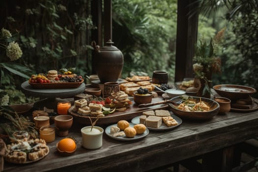 A tea buffet in a serene garden with tranquil sounds and aromas (generative AI)