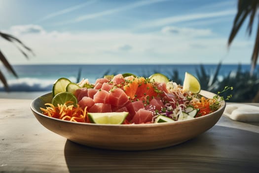 Enjoy a fresh bowl of poke with cubed fish, seaweed, rice, and a variety of toppings while soaking up the sun on the beach (generative AI)