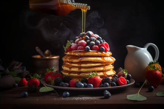 Build your own pancake tower and top it off with butter, syrup, berries, and whipped cream at an unlimited breakfast buffet (generative AI)