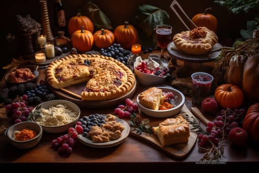 A Thanksgiving buffet with homemade pies and warm cider (generative AI)