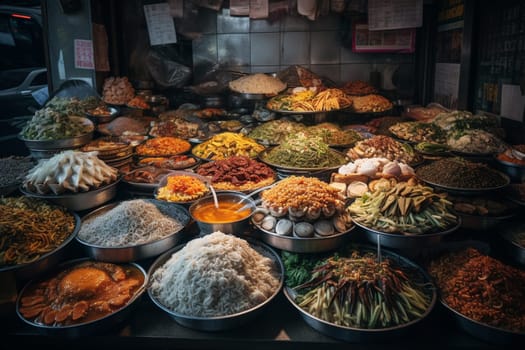 A traditional Korean buffet in a bustling market (generative AI)