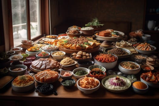 A traditional Korean buffet in a bustling market (generative AI)