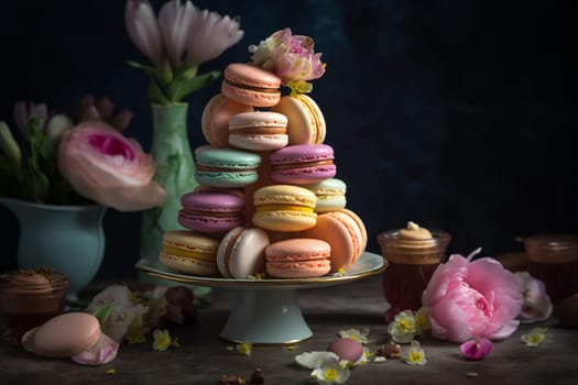 Celebrate a special occasion with an assortment of colorful and delicate macarons elegantly displayed on a tower at a high tea party (generative AI)