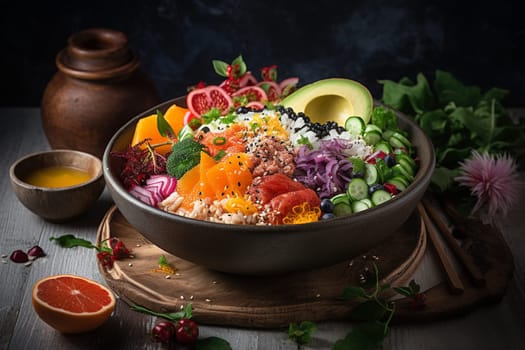 Enjoy a fresh bowl of poke with cubed fish, seaweed, rice, and a variety of toppings while soaking up the sun on the beach (generative AI)