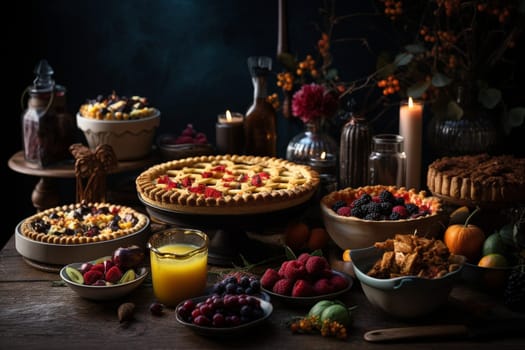 A Thanksgiving buffet with homemade pies and warm cider (generative AI)