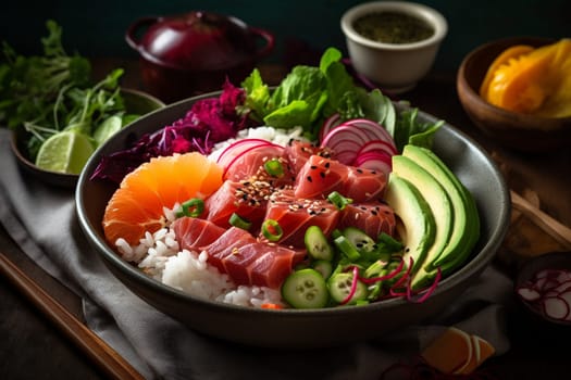 Enjoy a fresh bowl of poke with cubed fish, seaweed, rice, and a variety of toppings while soaking up the sun on the beach (generative AI)