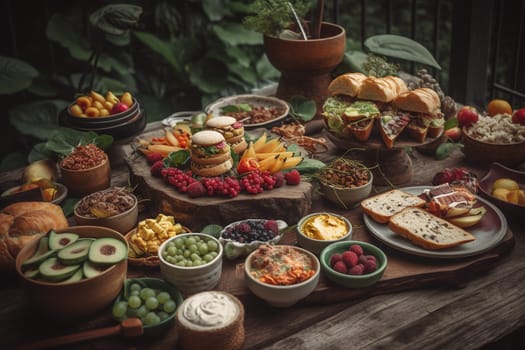 Enjoy a healthy and delicious spread of vegan delights amidst the lush greenery of a beautiful garden (generative AI)