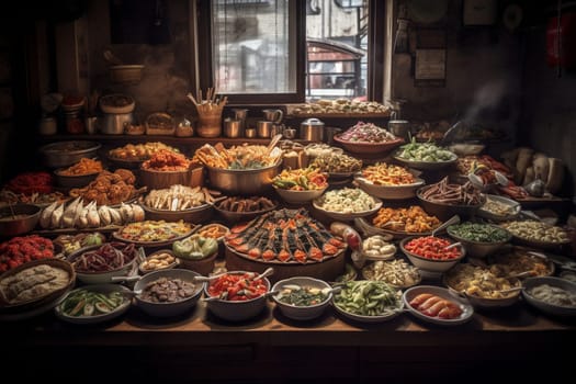 A traditional Korean buffet in a bustling market (generative AI)