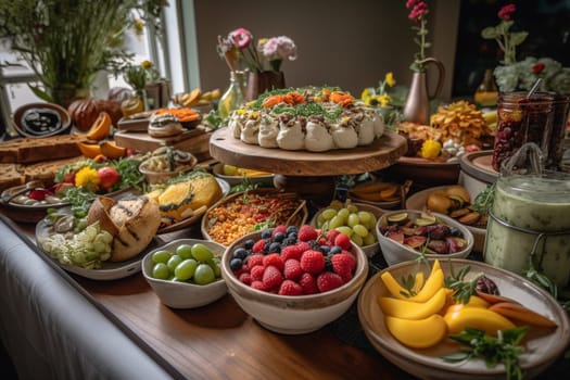 A colorful vegan brunch buffet at a serene botanical garden (generative AI)
